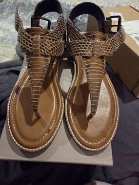 Crown Vintage Brown Snake-Print T-Strap Sandals